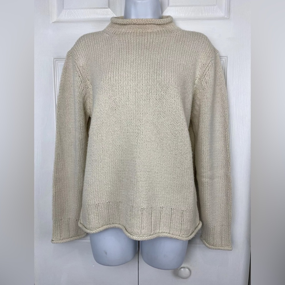 LL Bean Women's S Cream Chunky Knit Roll Neck Pullover Sweater Silk Cotton